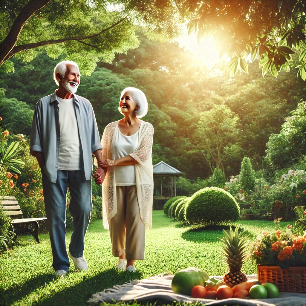 A serene and inspiring scene symbolizing longevity and healthy aging. An elderly man and woman, both over 100 years old, walking joyfully in a lush gr